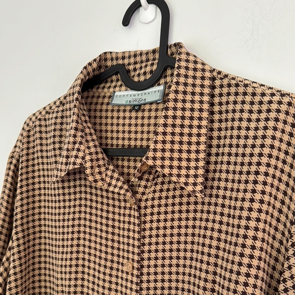 Contemporaine 100% Silk Houndstooth Brown Blouse - Picture 2 of 8